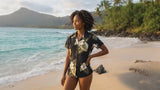 White Hibiscus Monstera women's fitted shirt — Women's Cotton Shirts — MauiShirts