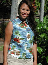 Red Hibiscus Island women's sleeveless cotton