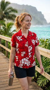 Shadow White Hibiscus women's fitted cotton — Women's Cotton Shirts — MauiShirts (view 4)