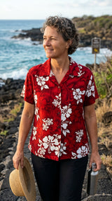 Shadow White Hibiscus women's fitted cotton — Women's Cotton Shirts — MauiShirts (view 7)