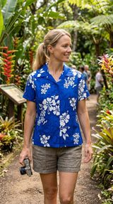 Shadow White Hibiscus women's fitted cotton — Women's Cotton Shirts — MauiShirts (view 8)