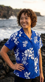 Shadow White Hibiscus women's fitted cotton — Women's Cotton Shirts — MauiShirts (view 9)