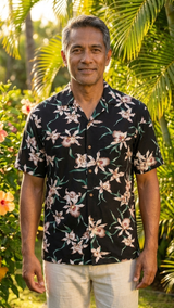 Paradise Found Men's Star Orchid Tom Selleck Magnum PI Hawaiian Shirt