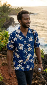 Paradise Found Men's Star Orchid Tom Selleck Magnum PI Hawaiian Shirt