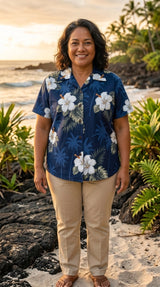 White Hibiscus Monstera women's fitted shirt — Women's Cotton Shirts — MauiShirts (view 5)