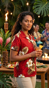 White Hibiscus Monstera women's fitted shirt — Women's Cotton Shirts — MauiShirts (view 6)