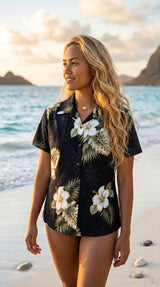 White Hibiscus Monstera women's fitted shirt — Women's Cotton Shirts — MauiShirts (view 9)
