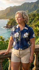 White Hibiscus Monstera women's fitted shirt — Women's Cotton Shirts — MauiShirts (view 4)
