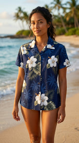 White Hibiscus Monstera women's fitted shirt — Women's Cotton Shirts — MauiShirts (view 10)