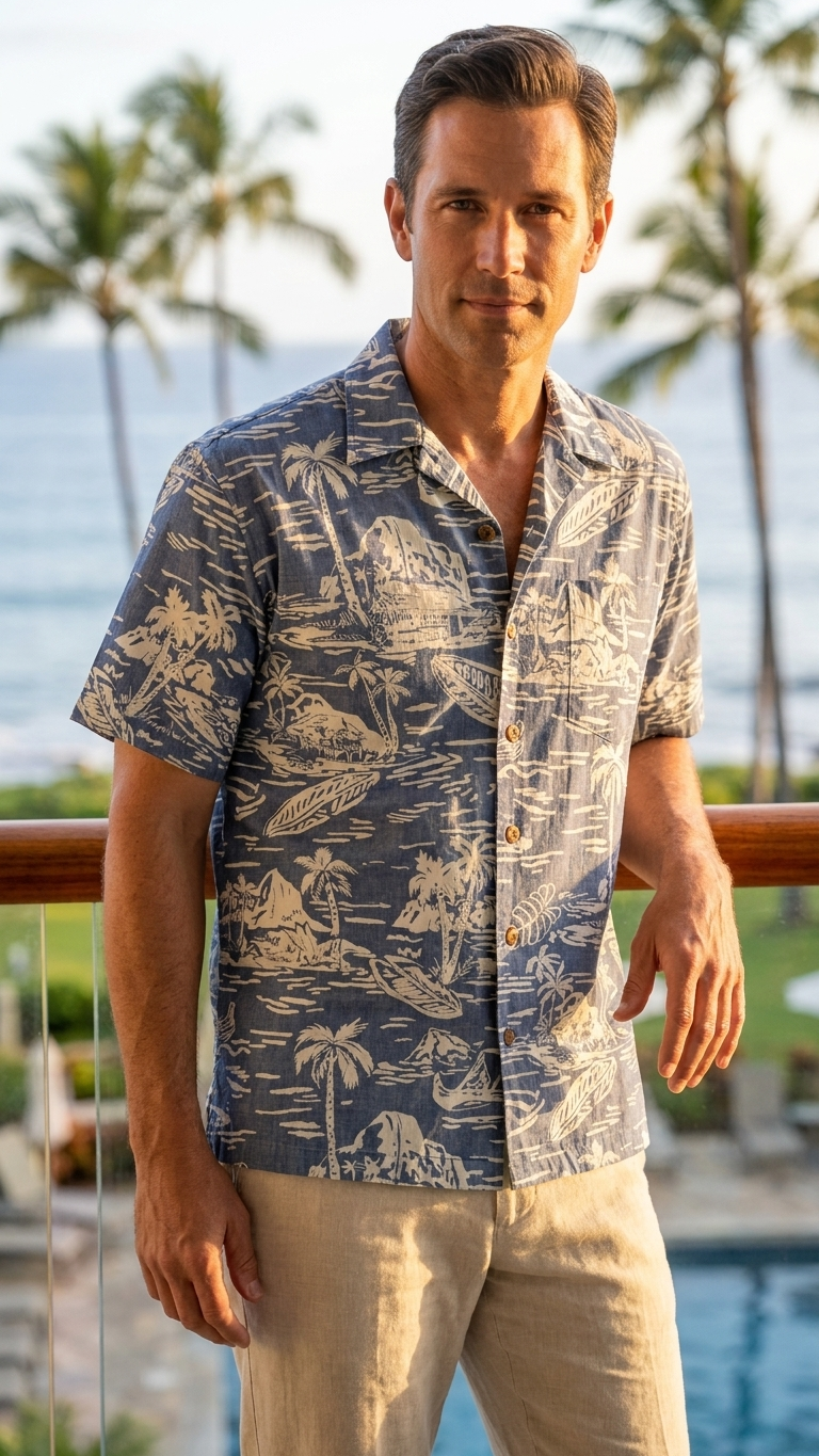 Woodcut Hawaiian Businessman's Reverse Shirt — Men's Reverse Print Shirts — RJC